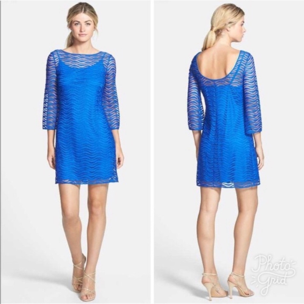Lilly Pulitzer Topanga Sapphire Blue Lace 3/4 Sleeve Tunic Dress Size XS